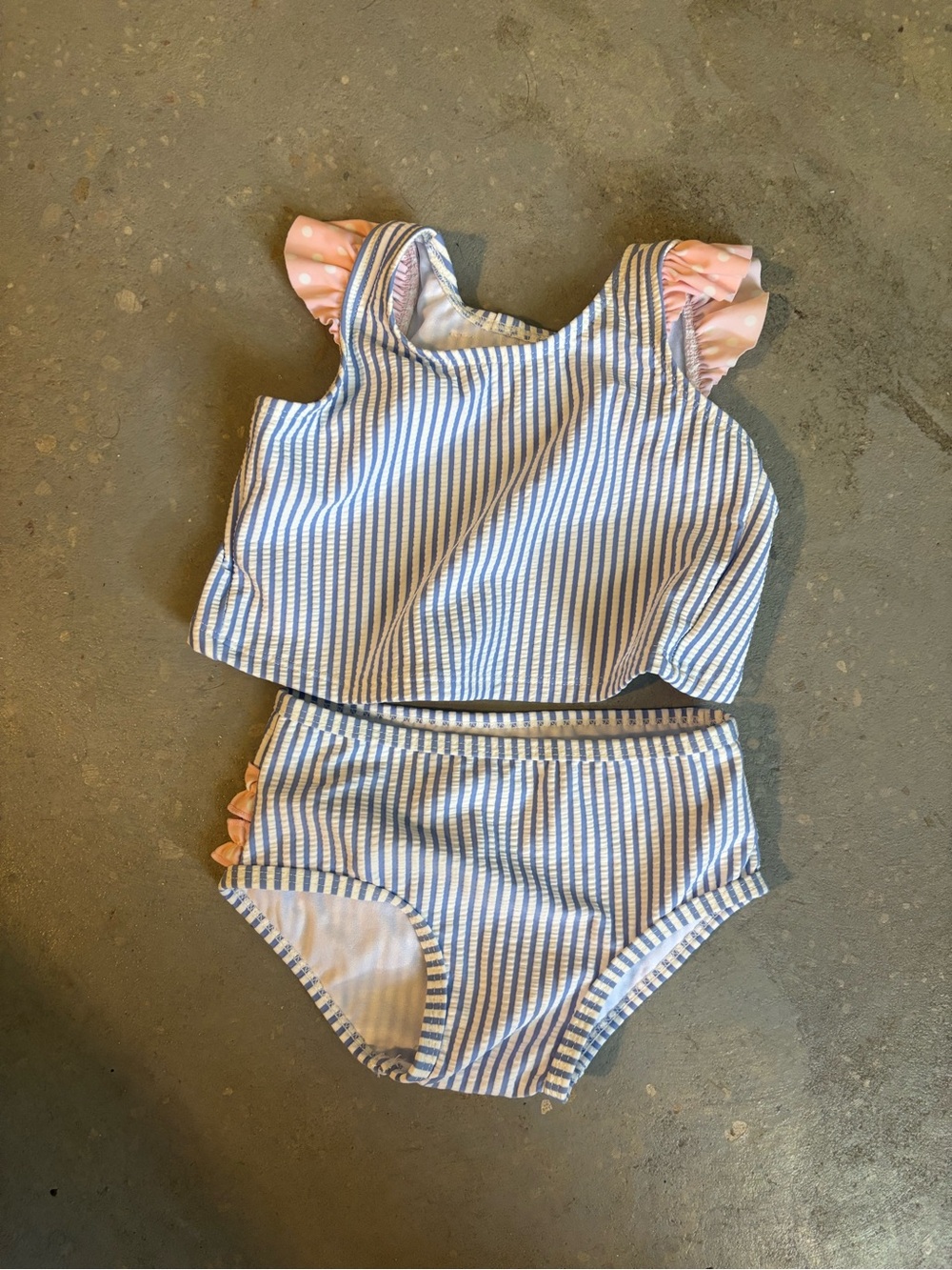 Ruffle Butts Blue Stripe & Pink Ruffle Two-Piece‎ Swim Set